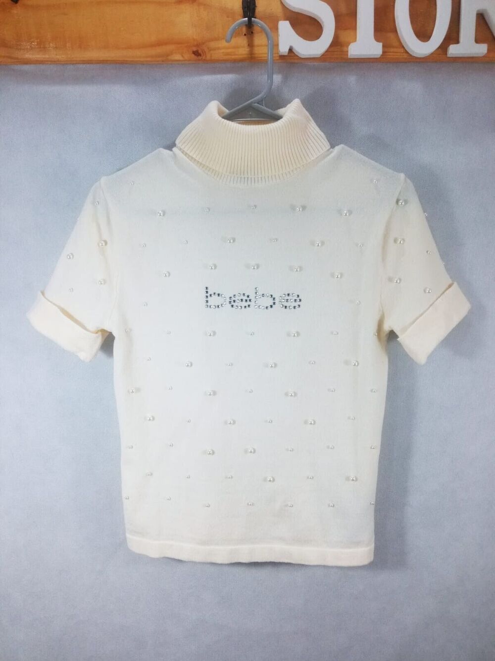 Bebe Y2K Rhinestone Turtleneck Sweater Soft Logo White Pearls Sz Small